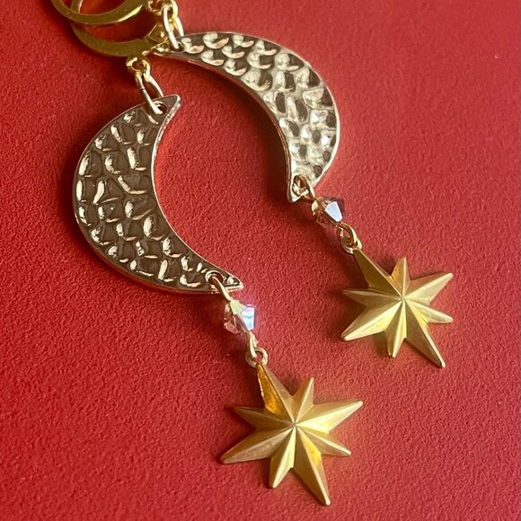 Artisan Jewelry - Gold Crescent Moon and Star Celestial Dangle Earrings with Swarovski Crystals